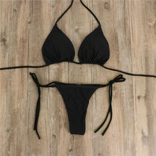 将图片加载到图库查看器,2pcs Bikini Set Padded Bra Women Push-Up Solid Swimwear Bandage Bathing Suit Swimsuit Swimming Suit Knotted String Triangle Bikini Tie Side High Cut Cheeky Bikini Set