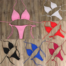 将图片加载到图库查看器,2pcs Bikini Set Padded Bra Women Push-Up Solid Swimwear Bandage Bathing Suit Swimsuit Swimming Suit Knotted String Triangle Bikini Tie Side High Cut Cheeky Bikini Set