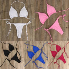 将图片加载到图库查看器,2pcs Bikini Set Padded Bra Women Push-Up Solid Swimwear Bandage Bathing Suit Swimsuit Swimming Suit Knotted String Triangle Bikini Tie Side High Cut Cheeky Bikini Set
