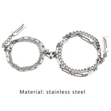 将图片加载到图库查看器,2pcs/Set Stainless Steel Double Chain Vintage Couple Bracelet Heart Magnet Attractive Magnetic Bracelet Oval Chain Paperclip Chain Double Layer Love Heart Magnet Bangle Bracelets Hypoallergenic Engraved Adjustable Couple Bracelet Set Gifts For Women Men