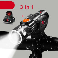 将图片加载到图库查看器,3 IN 1 Bike Bicycle Light Set USB LED Waterproof Super Bright Zoom Headlight Super Bright 3 Light Modes Bicycle Light Set Flashlight Easy Installs In Seconds Fits All Bicycles Powerful Bright Light 8000 Lumen