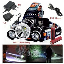 Load image into Gallery viewer, 3 LED XM-L T6 Waterproof Headlamp LED Torch Flashlight