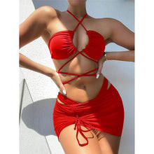 Load image into Gallery viewer, 3-Pack: Criss Cross Halter Bikini Swimsuit & Beach Skirt