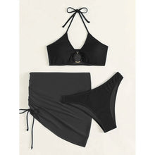 Load image into Gallery viewer, 3-Pack: Textured Ring Linked Halter Bikini Swimsuit & Beach Skirt