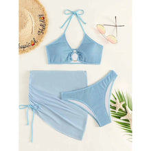 Load image into Gallery viewer, 3-Pack: Textured Ring Linked Halter Bikini Swimsuit & Beach Skirt