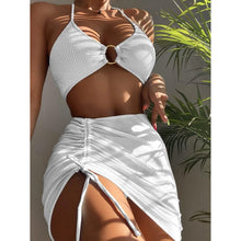 Load image into Gallery viewer, 3-Pack: Textured Ring Linked Halter Bikini Swimsuit & Beach Skirt