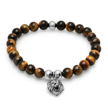 Load image into Gallery viewer, 3-Piece Set: Tiger Eye and Black Lava Beaded Bracelet with Stainless Steel Lion