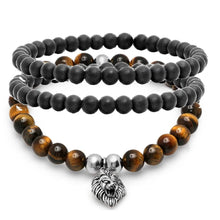 Load image into Gallery viewer, 3-Piece Set: Tiger Eye and Black Lava Beaded Bracelet with Stainless Steel Lion