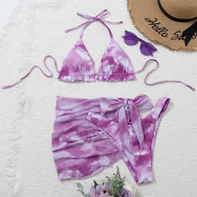 Load image into Gallery viewer, 3 Piece Women Bikini Modern Swimsuit Women High Cut Suit Halter Swimwear Women's Bikini Swimsuits With Wrap Skirt Lace Up Pieces Strings High Cut Bikini Set Bathing Suits Female Triangle Backless Bathing Suit
