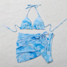 Load image into Gallery viewer, 3 Piece Women Bikini Modern Swimsuit Women High Cut Suit Halter Swimwear Women's Bikini Swimsuits With Wrap Skirt Lace Up Pieces Strings High Cut Bikini Set Bathing Suits Female Triangle Backless Bathing Suit