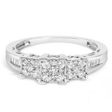 Load image into Gallery viewer, 10K White Gold 1/2 Cttw Brilliant & Baguette Cut Diamond 3 Stone Design with 3 Square Clusters Engagement Ring (H-I Color, SI2-I1 Clarity) - Size 6-3/4