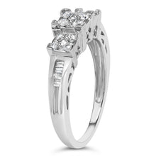 Load image into Gallery viewer, 10K White Gold 1/2 Cttw Brilliant & Baguette Cut Diamond 3 Stone Design with 3 Square Clusters Engagement Ring (H-I Color, SI2-I1 Clarity) - Size 6-3/4