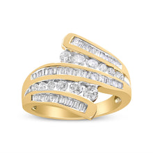 Load image into Gallery viewer, 10K Yellow Gold 1 Cttw Round and Baguette-Cut Diamond Multi Row Bypass Ring Band (H-I Color, I1-I2 Clarity) - Ring Size 7