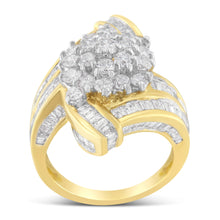 Load image into Gallery viewer, 10K Yellow Gold Round and Baguette Diamond Crossover Cluster Ring (3 Cttw, I-J Color, I1-I2 Clarity) - Size 7-1/2
