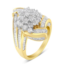 Load image into Gallery viewer, 10K Yellow Gold Round and Baguette Diamond Crossover Cluster Ring (3 Cttw, I-J Color, I1-I2 Clarity) - Size 7-1/2