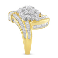 Load image into Gallery viewer, 10K Yellow Gold Round and Baguette Diamond Crossover Cluster Ring (3 Cttw, I-J Color, I1-I2 Clarity) - Size 7-1/2