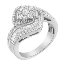 Load image into Gallery viewer, 14K White Gold 1 Cttw Baguette and Round Diamond Floral Swirl Cluster Cocktail Ring