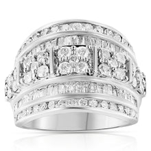 Load image into Gallery viewer, .925 Sterling Silver 2.0 Cttw Round & Baguette Cut Diamond Multi-Row Channel Set Tapered Cocktail Fashion Ring (I-J Color, I3 Clarity) - Size 7