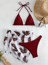 Load image into Gallery viewer, Feather Luxe 3-Piece Bikini Set – Exotic Feather Print Halter Neck Backless Swimsuit with High Cut Tie Back Bottoms and Wrap Cover-Up – Women’s High-Stretch Comfortable Swimwear for Summer Beach & Pool Vacations