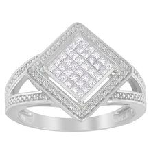 Load image into Gallery viewer, .925 Sterling Silver 1/3 Cttw Invisible Set Princess-Cut Diamond Rhombus and Beaded Halo Ring (H-I Color, SI1-SI2 Clarity) - Ring Size 7