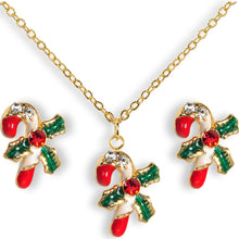 Load image into Gallery viewer, Gold Tone Gem Holiday Candy Cane Necklace and Stud Earrings Set