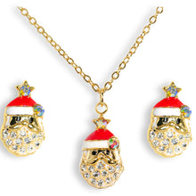 Load image into Gallery viewer, Gold Tone Gem Holiday Santa Claus Necklace and Stud Earrings Set