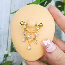 将图片加载到图库查看器,14G 9/16 Clear Gem Gold Tone Double Chain Dangle Nipple Ring Set