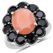 Load image into Gallery viewer, 7.88 Carat Genuine Peach Moonstone and Black Spinel .925 Sterling Silver Ring