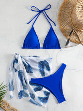Load image into Gallery viewer, Feather Luxe 3-Piece Bikini Set – Exotic Feather Print Halter Neck Backless Swimsuit with High Cut Tie Back Bottoms and Wrap Cover-Up – Women’s High-Stretch Comfortable Swimwear for Summer Beach & Pool Vacations