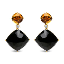 将图片加载到图库查看器,18K Yellow Gold 1/5 Cttw Diamond with Round Yellow Citrine and Cushion Cut Black Onyx Gemstone Dangle Earring (G-H Color, SI1-SI2 Clarity)