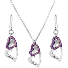 Load image into Gallery viewer, Purple Duo Floating Love Inscribed Heart Necklace and Earring Set