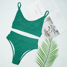 Load image into Gallery viewer, Women Bikini Sets Solid Color Ruffled Swimwear Bathing Suits 2 Piece Split Push Up Bandage Beachwear Women's Bikini Scoop Neck Straps Cutout Crop Top Lace Up Bottom Comfortable Two Piece Swimsuits