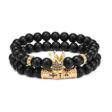 Load image into Gallery viewer, Lava Stone Combination Cubic Zircon Beads Bracelet Natural Red Tiger Eye Black Matte Onyx Stone Crown King Beads Bracelet For Men Women Fashion Charm Zircon Head Elastic Adjustable Bracelet Set Luxury Design