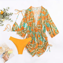 Load image into Gallery viewer, Island Bloom 3-Piece Bikini Set for Women – Tropical Leaf Print Fluttering Swimwear with Flattering Halter Neck Top High Waist Bottoms & Adjustable Drawstring Cover Up – Perfect for Koningsdag Celebrations & Summer Adventures
