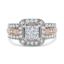 将图片加载到图库查看器,14K White and Rose Gold 1 1/8 Cttw Princess and Round-Cut Diamond Art Deco Style Triple Shank Halo Cocktail Ring (I-J Color, SI2-I1 Clarity) - Size 7