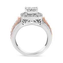 将图片加载到图库查看器,14K White and Rose Gold 1 1/8 Cttw Princess and Round-Cut Diamond Art Deco Style Triple Shank Halo Cocktail Ring (I-J Color, SI2-I1 Clarity) - Size 7