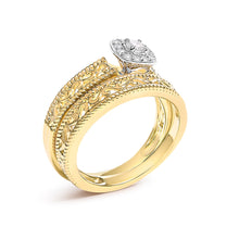 将图片加载到图库查看器,14K Yellow Gold Plated .925 Sterling Silver 1/5 Cttw Diamond Halo and Milgrain Finish Engagement Ring Bridal Set (I-J Color I3 Clarity) - Size 7