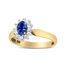 Load image into Gallery viewer, 14K Yellow Gold 1/5 Cttw Round Diamond and 6x4mm Oval Blue Tanzanite Halo Ring (H-I Color, I1-I2 Clarity) - Size 7.75
