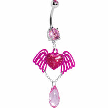 Load image into Gallery viewer, Pink Winged Heart Teardrop Gem Dangle Belly Ring