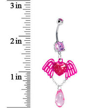 Load image into Gallery viewer, Pink Winged Heart Teardrop Gem Dangle Belly Ring