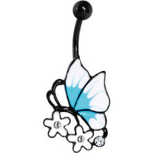 Load image into Gallery viewer, Clear Gem Black Blue Burst White Butterfly Flower Belly Ring