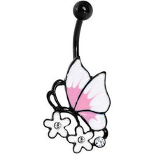 Load image into Gallery viewer, Clear Gem Black Pink Burst White Butterfly Flower Belly Ring