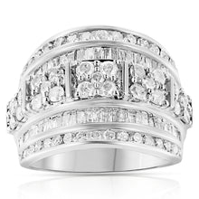 Load image into Gallery viewer, .925 Sterling Silver 2.0 Cttw Round & Baguette Cut Diamond Multi-Row Channel Set Tapered Cocktail Fashion Ring (I-J Color, I3 Clarity) - Size 7