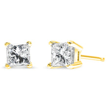 Load image into Gallery viewer, AGS Certified 1/4 Cttw Princess-Cut Square Diamond 4-Prong Solitaire Stud Earrings in 14K Yellow Gold (J-K Color, SI2-I1 Clarity)