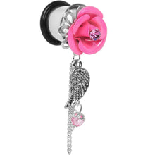 Load image into Gallery viewer, Pink Gem Rose Flower Angel Wing Dangle Plug Sizes 5mm to 12mm