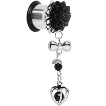 Load image into Gallery viewer, 0G Black Flower Heart to Heart Dangle Plug Sizes 5mm to 12mm