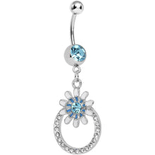 Load image into Gallery viewer, Aqua Crystalline Gem Paved Ring Bursting Flower Dangle Belly Ring