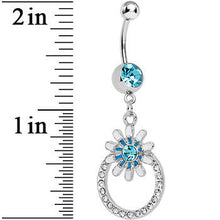 Load image into Gallery viewer, Aqua Crystalline Gem Paved Ring Bursting Flower Dangle Belly Ring
