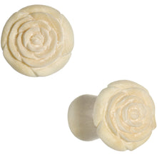 Load image into Gallery viewer, 0G Organic White Crocodile Wood Rose Flower Hand Carved Plug Set