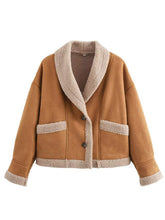 Load image into Gallery viewer, Fuzzy Collared Neck Long Sleeve Jacket with Buttoned Closure and Cozy Pockets